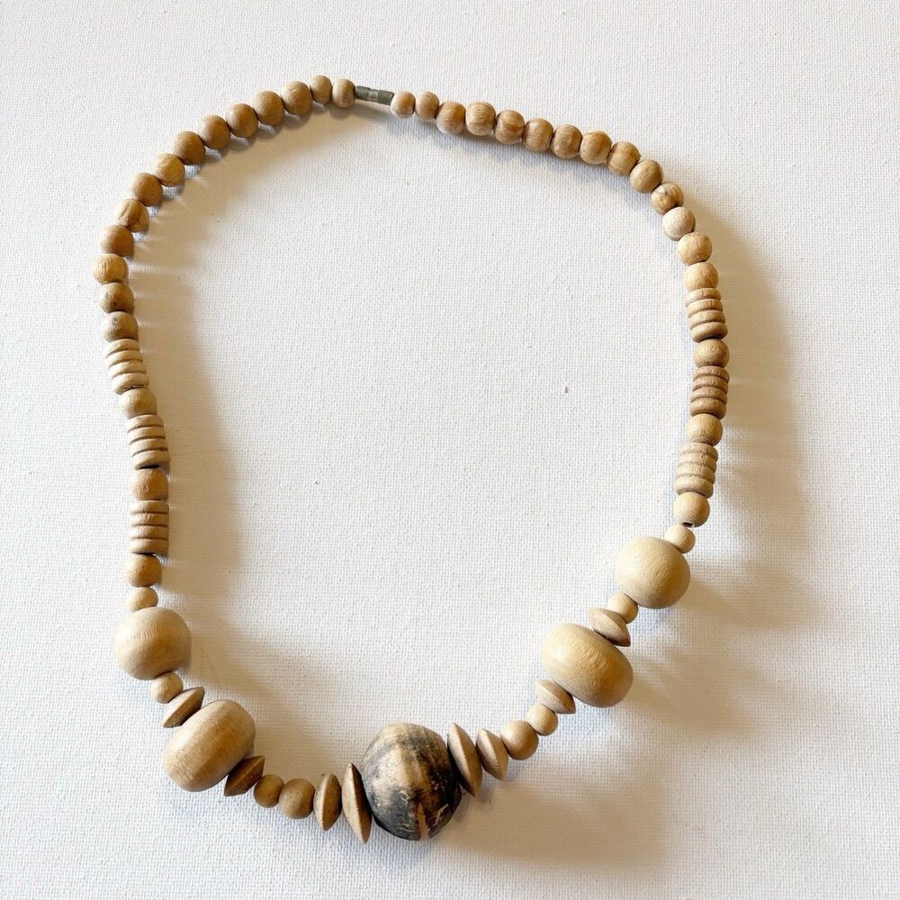 Beaded Necklace 22” Browns Wood Beads Barrel Closure Natural Boho Ethnic